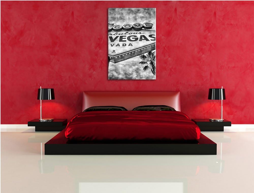 Pixxprint Monocrome, Las Vegas Ortseingangsschild im Retro Look, Format: 100x70 auf Leinwand, XXL ri