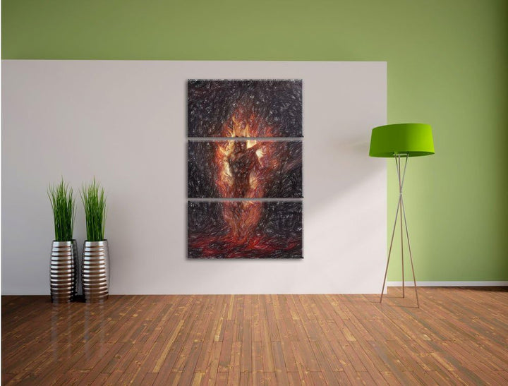Pixxprint Verdunkelter Dämon des Feuers Kunst Buntstift Effekt 3-Teiler Leinwandbild 120x80 Bild auf