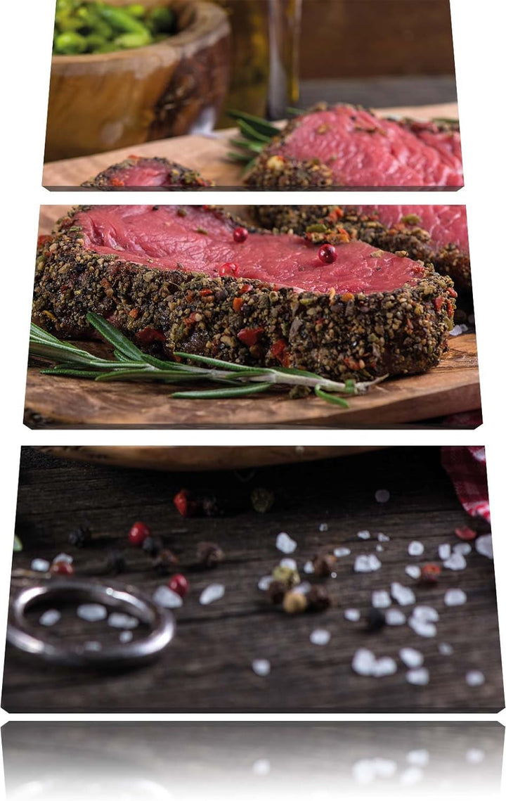 Pixxprint Leckeres Steak als Leinwandbild - Grösse: 3-Teilig (120x80cm) - Wandbild - Kunstdruck - fe