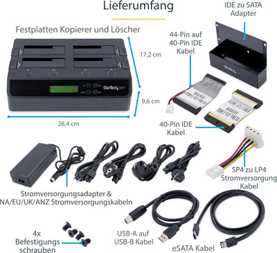 StarTech.com 4-Bay Festplatten Klonstation und Löscher, Selbständiger 1:3 SATA HDD/SSD Kloner/Kopier