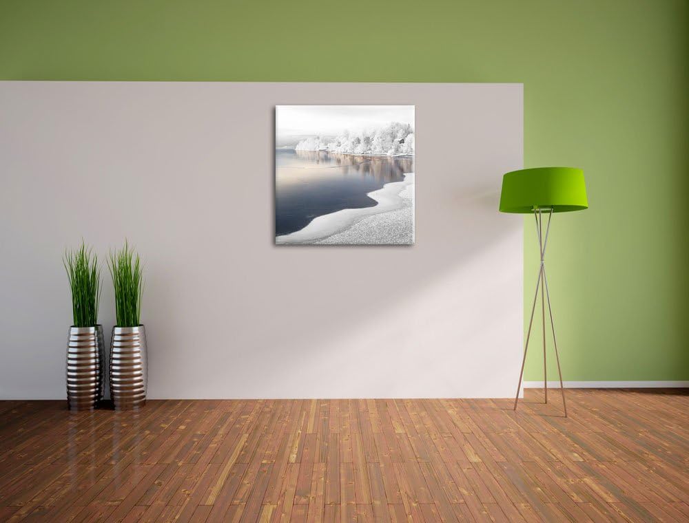 Pixxprint Traumhafte Winterlandschaft Wald Schnee schwarz/weiss, Format: 70x70 auf Leinwand, 70x70
