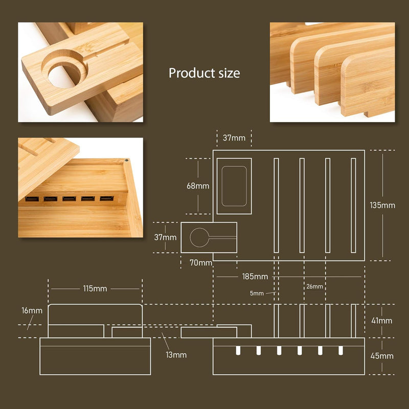 TechDot Handy USB Ladestation Bambus Ladestation Mehrere Geräte 5 Port USB Multi Ladestation Bamboo