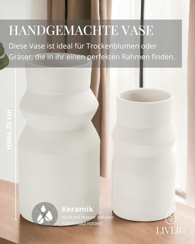 Livlig53 Handgefertigte Vase weiss, Trockenblumenvase, Keramikvase, Dekovase, Tischdeko, Bodenvase,