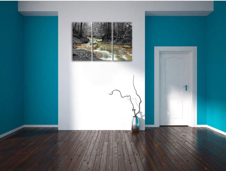 Pixxprint Waldbach im Herbst als Leinwandbild/Grösse: 3 Teilig (120x80) cm/Wandbild/Kunstdruck/ferti