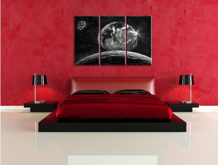 Pixxprint Rote Planeten in der Galaxie Kunst / 3-Teilig/Gesamtmass 120cm Leinwandbild bespannt auf H