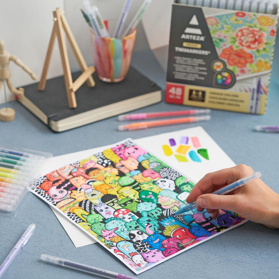 ARTEZA TwiMarkers, 48 bunte Doppelfasermaler, Dual Brush Pen Set mit feiner 0.4 mm Spitze und Pinsel