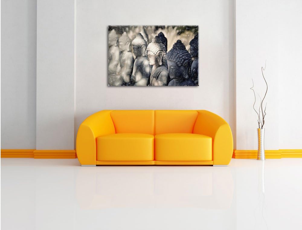 Pixxprint Meditierende Buddha-Statuen in Einer Reihe Kunst Buntstift Effekt, Format: 100x70 auf Lein