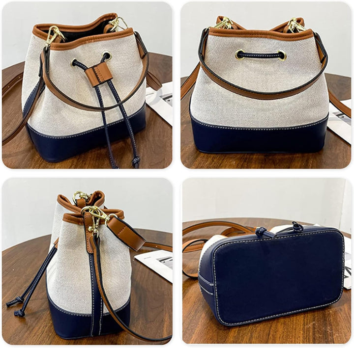 CORIOS Eimer Taschen Damen Henkeltaschen Canvas Schultertaschen PU-Leder Umhängetaschen Kordelzug Be