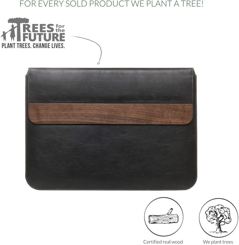 Woodcessories - MacBook Tasche kompatibel mit MacBook 11-14" m. echtem Walnuss Holz - EcoPouch (schw