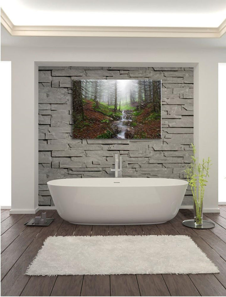 Pixxprint Bach im Wald / 100x70cm Leinwandbild bespannt auf Holzrahmen/Wandbild Kunstdruck Dekoratio