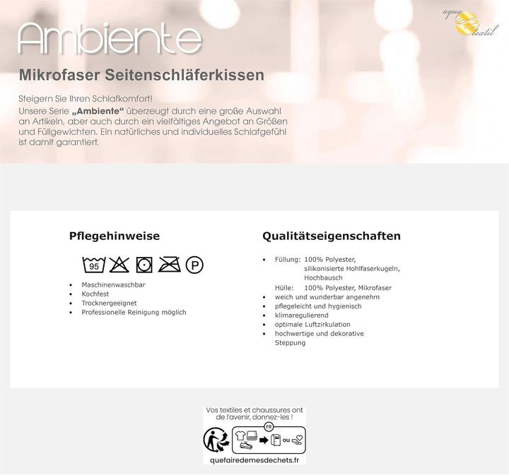 aqua-textil Ambiente Seitenschläferkissen 40 x 200 cm 2200g Mikrofaser Kissen Nackenkissen atmungsak