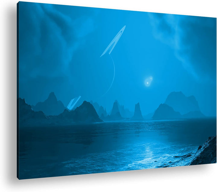 deyoli chaotische Landschaft mit Saturn am Himmel Format 80x60 Effekt: Monocrome Blau als Leinwandbi