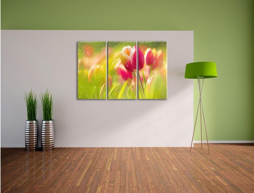 Pixxprint Blühende rote Tulpen Kunst Buntstift Effekt 3-Teiler Leinwandbild 120x80 Bild auf Leinwand