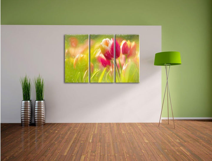 Pixxprint Blühende rote Tulpen Kunst Buntstift Effekt 3-Teiler Leinwandbild 120x80 Bild auf Leinwand