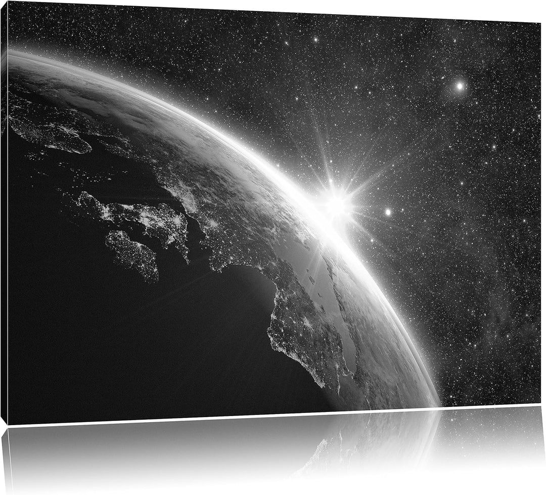 Pixxprint Die Sonne und Erde im Weltall Kunst B&W als Leinwandbild/Grösse: 100x70 / Wandbild/Kunstdr