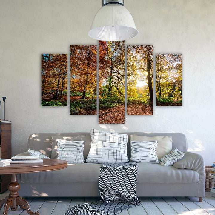 Wanddeko XXL Landschaft Leinwandbild 5 Teilig Herbst Blätter Bäume bunt 100x70 cm Leinwandbild 100x7