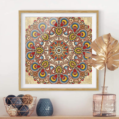 Bild mit Rahmen - Farbiges Mandala - Rahmenfarbe Eiche, 30 x 30 cm 30cm x 30cm Eiche, 30cm x 30cm Ei