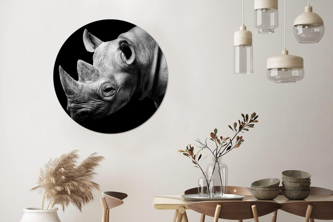 MuchoWow Wandbild Rund Wanddeko Deko Wohnzimmer Bilder 90x90 cm Tiere - Nashorn - Schwarz - Weiss -