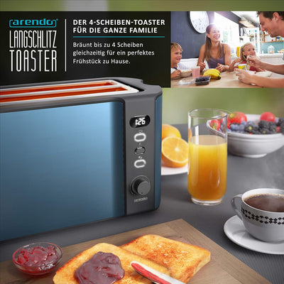 Arendo - Edelstahl Toaster Langschlitz 4 Scheiben - Defrost Funktion - wärmeisolierendes Gehäuse - m