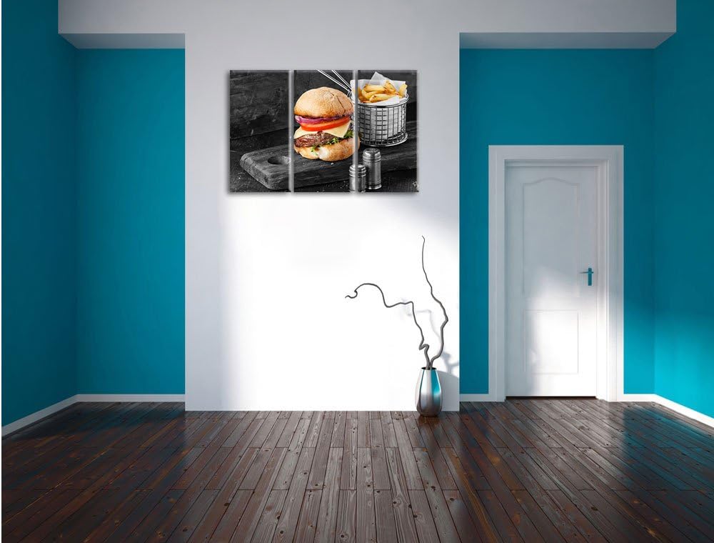 Pixxprint Cheesburger mit Pommes als Leinwandbild | Grösse: 3 Teilig (120x80) | Wandbild| Kunstdruck