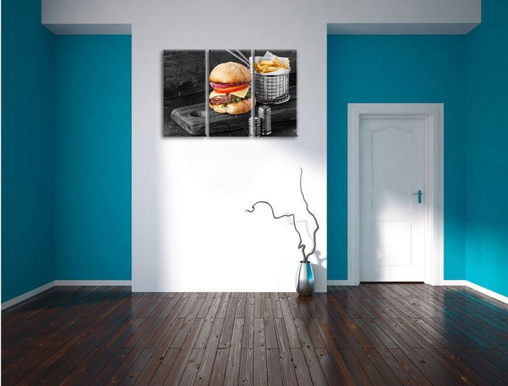 Pixxprint Cheesburger mit Pommes als Leinwandbild | Grösse: 3 Teilig (120x80) | Wandbild| Kunstdruck