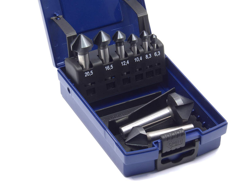 WSH-TOOLS Kegelsenker Set 8-teilig AlTiN-beschichtet 6,3 mm - 31mm HSS-G 90° Winkel in Rosebox mit S