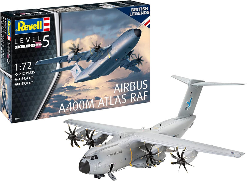 Revell 03822 03822-Airbus A400M Atlas RAF 1:72 originalgetreuer Modellbausatz für Experten, unlackie