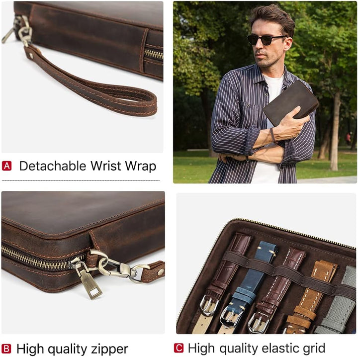 Contacts Uhrenarmband-Box aus echtem Leder, mit Reissverschluss, Organizer für 12 Uhrenarmbänder, Re