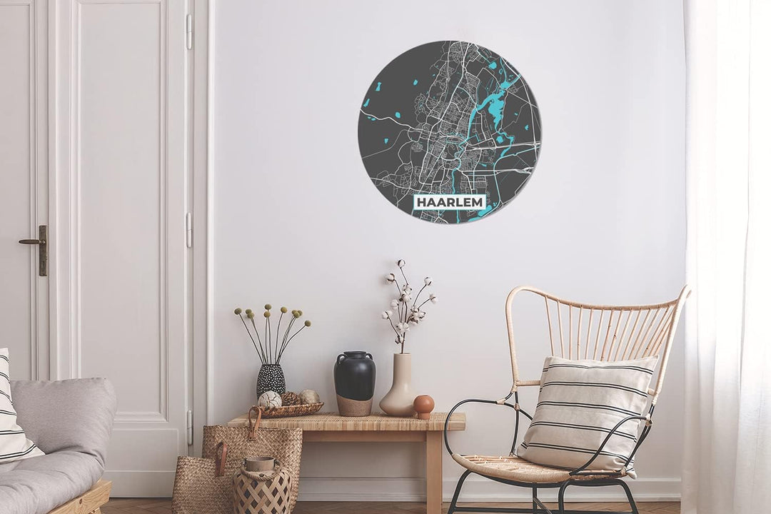 MuchoWow Wandbild Rund Wanddeko Deko Wohnzimmer Bilder 60x60 cm Karte - Haarlem - Grau - Blau, 60x60