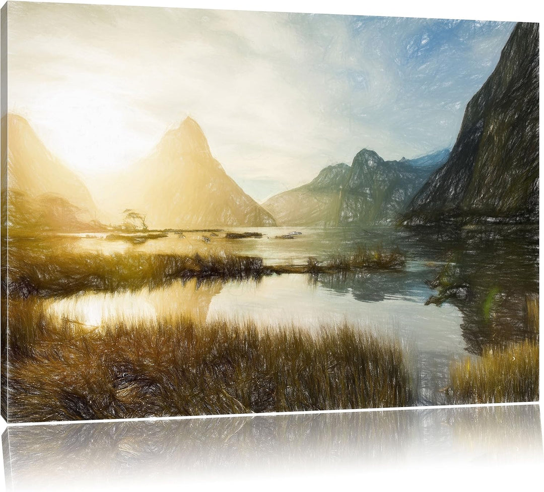 Pixxprint Milford Sound Neuseeland als Leinwandbild/Grösse: 100x70 cm/Wandbild/Kunstdruck/fertig bes