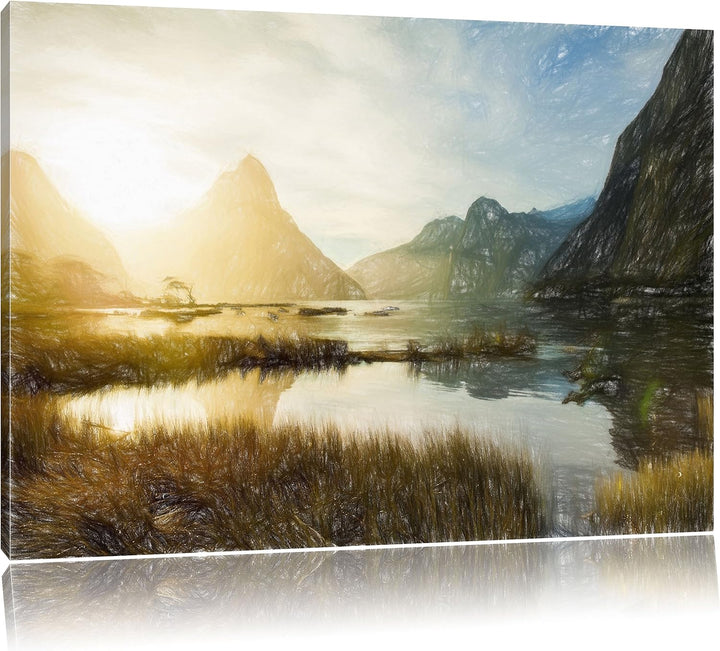 Pixxprint Milford Sound Neuseeland als Leinwandbild/Grösse: 100x70 cm/Wandbild/Kunstdruck/fertig bes