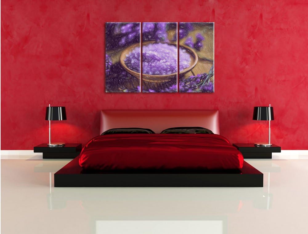 Pixxprint Violettes Badesalz auf Holzuntergrund Kunst Buntstift Effekt 3-Teiler Leinwandbild 120x80