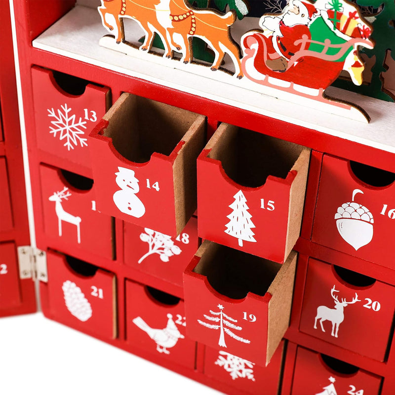 BRUBAKER Adventskalender aus Holz zum Befüllen - Rotes Weihnachtsbuch mit 24 Türchen - Wiederverwend