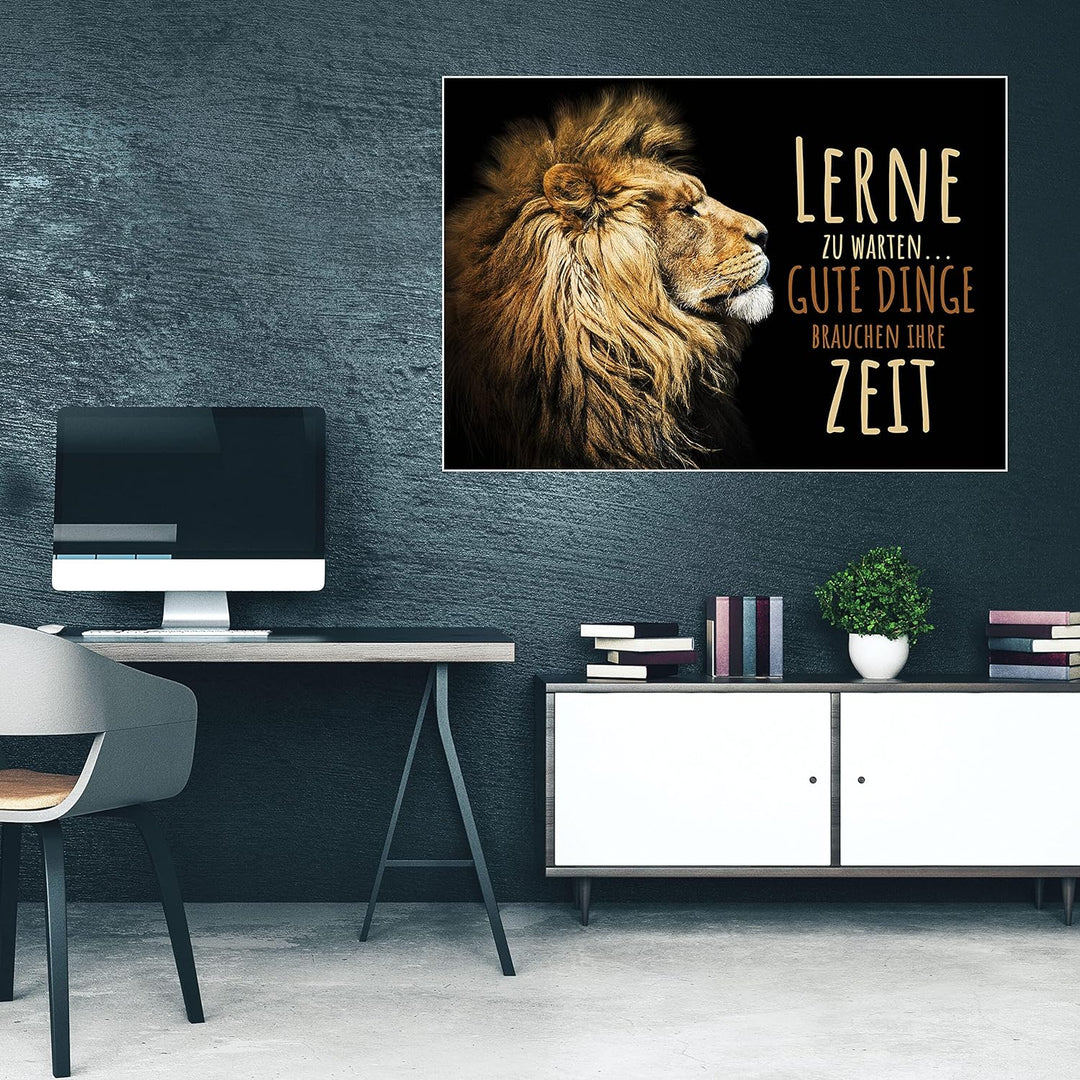 wandmotiv24 Poster als Wanddeko, Grösse 100x70cm, lerne zu warten, Zeit, Löwe, Moderne Wanddeko, Wan