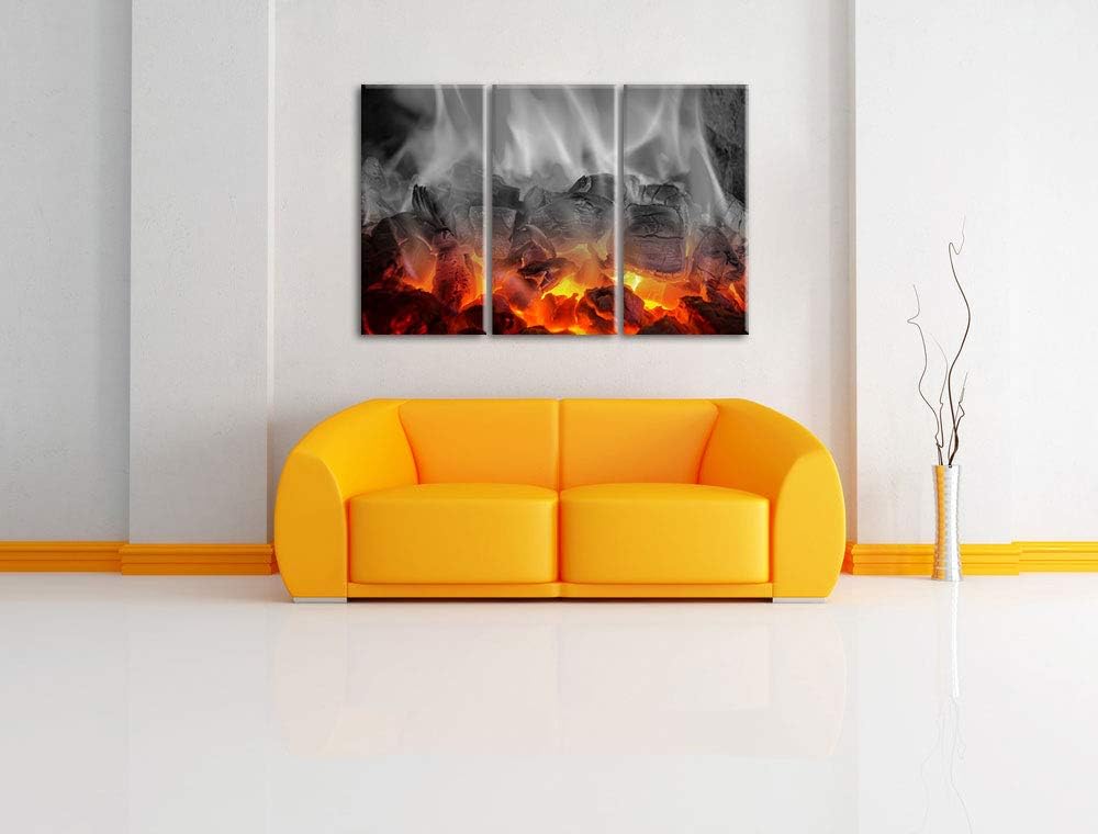 Pixxprint brennende Holzkohle in Kamin als Leinwandbild | Grösse: 3 Teilig (120x80) | Wandbild| Kuns