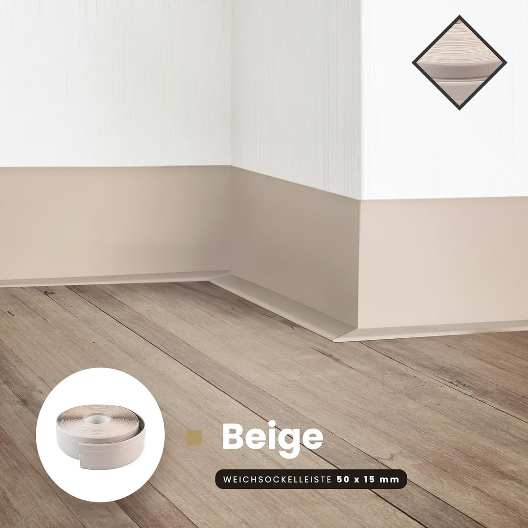 DQ-PP WEICHSOCKELLEISTE | 20m | beige | 50x15mm | PVC | selbstklebend | Knickwinkel Fussleisten Gumm