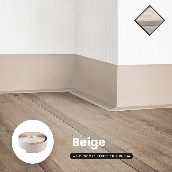 DQ-PP WEICHSOCKELLEISTE | 20m | beige | 50x15mm | PVC | selbstklebend | Knickwinkel Fussleisten Gumm