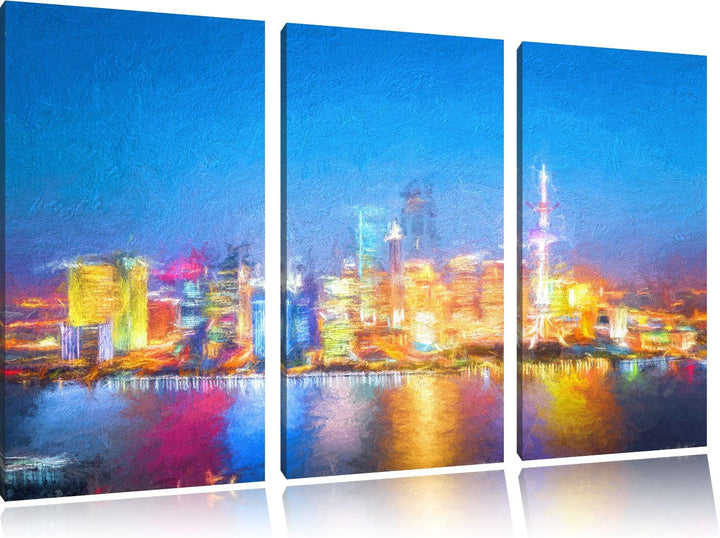 Pixxprint Skyline von Shanghai Bunstift Effekt 3-Teiler Leinwandbild 120x80 Bild auf Leinwand