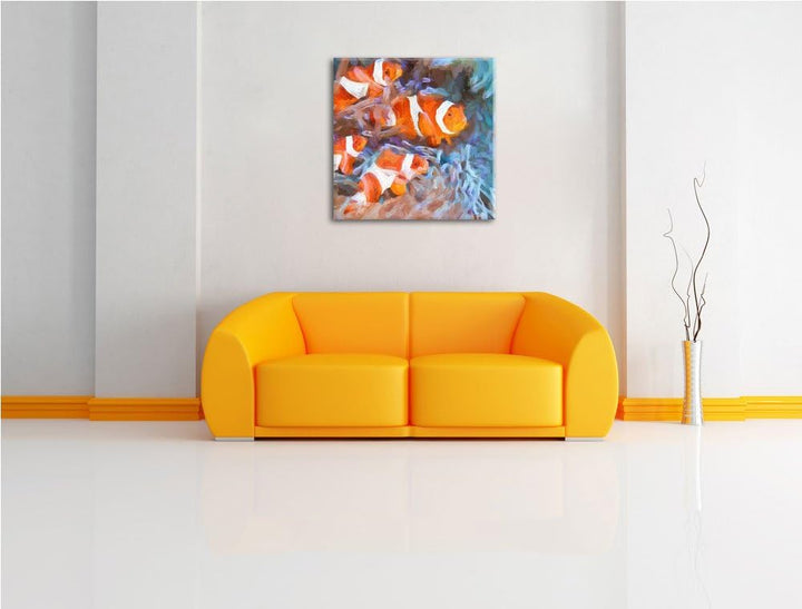 Pixxprint süsse Clownfische in Anemone als Leinwandbild/Grösse: 70x70 cm/Wandbild/Kunstdruck/fertig