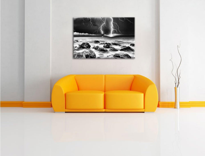 Pixxprint Blitzeinschlag in Meer / 100x70cm Leinwandbild bespannt auf Holzrahmen/Wandbild Kunstdruck