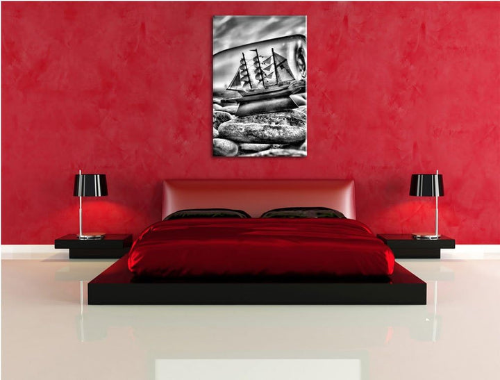 Pixxprint Flasche mit Schiff als Leinwandbild/Grösse: 100x70 cm/Wandbild/Kunstdruck/fertig bespannt,