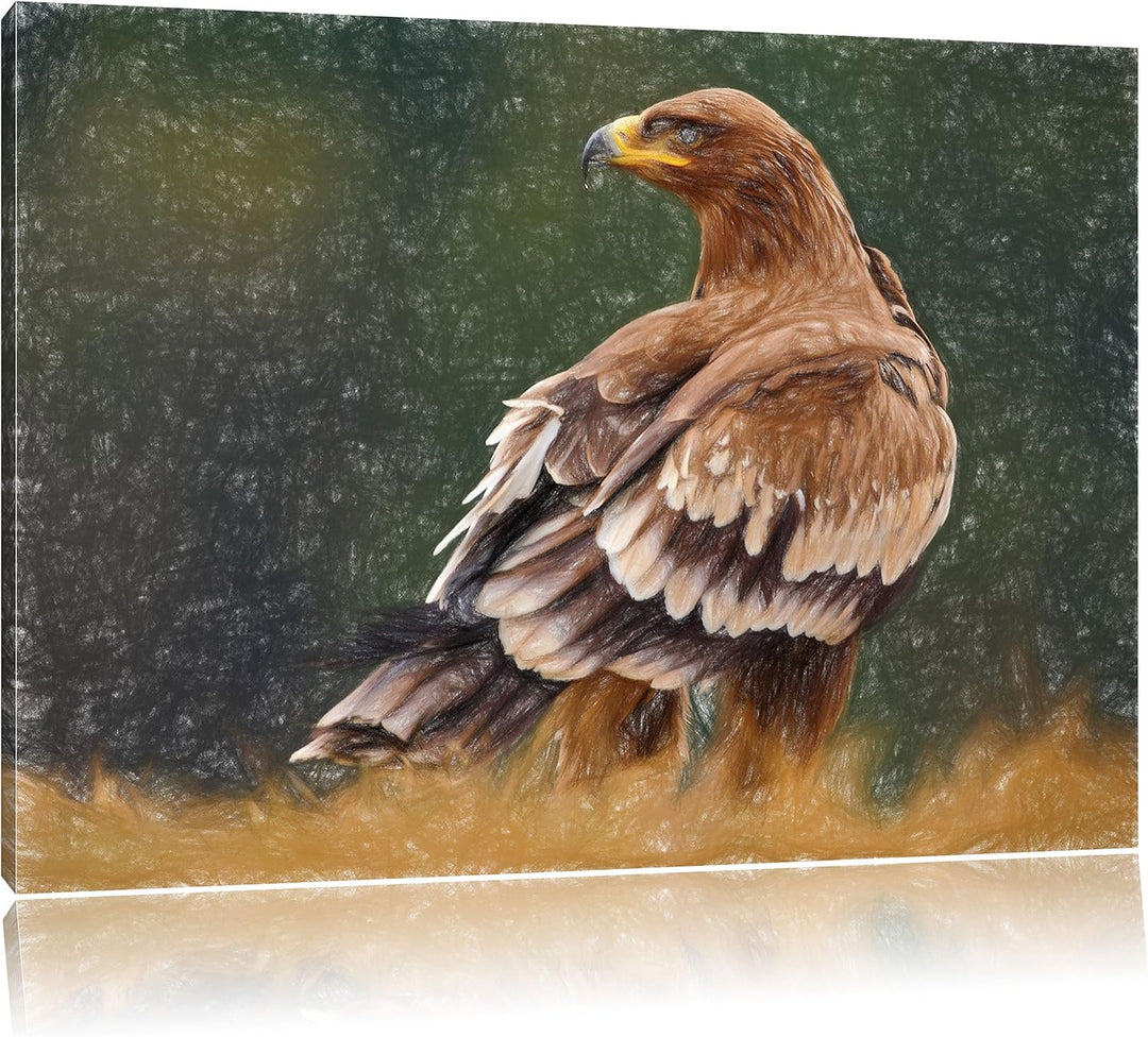 Pixxprint Einsamer Falke mit braunem Gefieder Kunst Buntstift Effekt, Format: 100x70 auf Leinwand, X