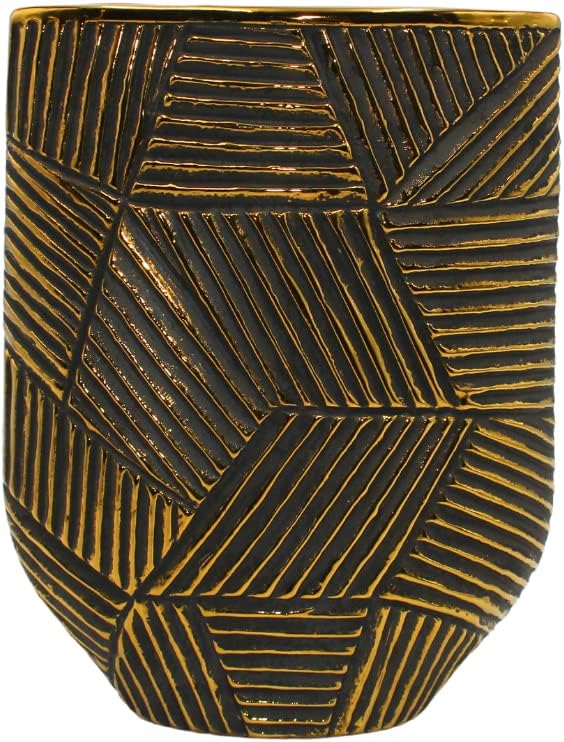 Edle hochwertige schmale Keramik Vase in Gold-schwarz, oval. gestreift, Grösse: H/B/Ø ca. 24 x 19 x
