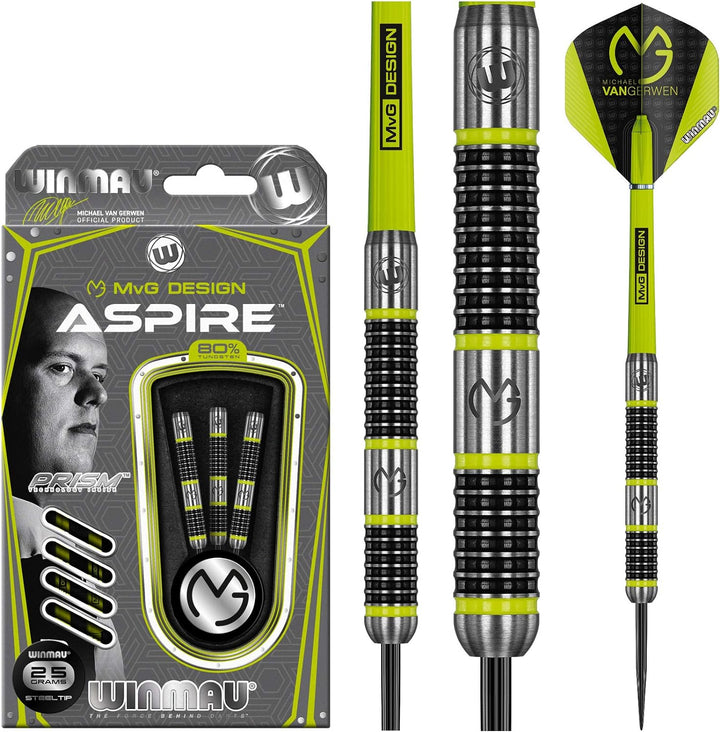 WINMAU Michael van Gerwen MvG Aspire Tungsten Steeltip Dart-Set mit Prismen-Flights und Nylon-Schäft