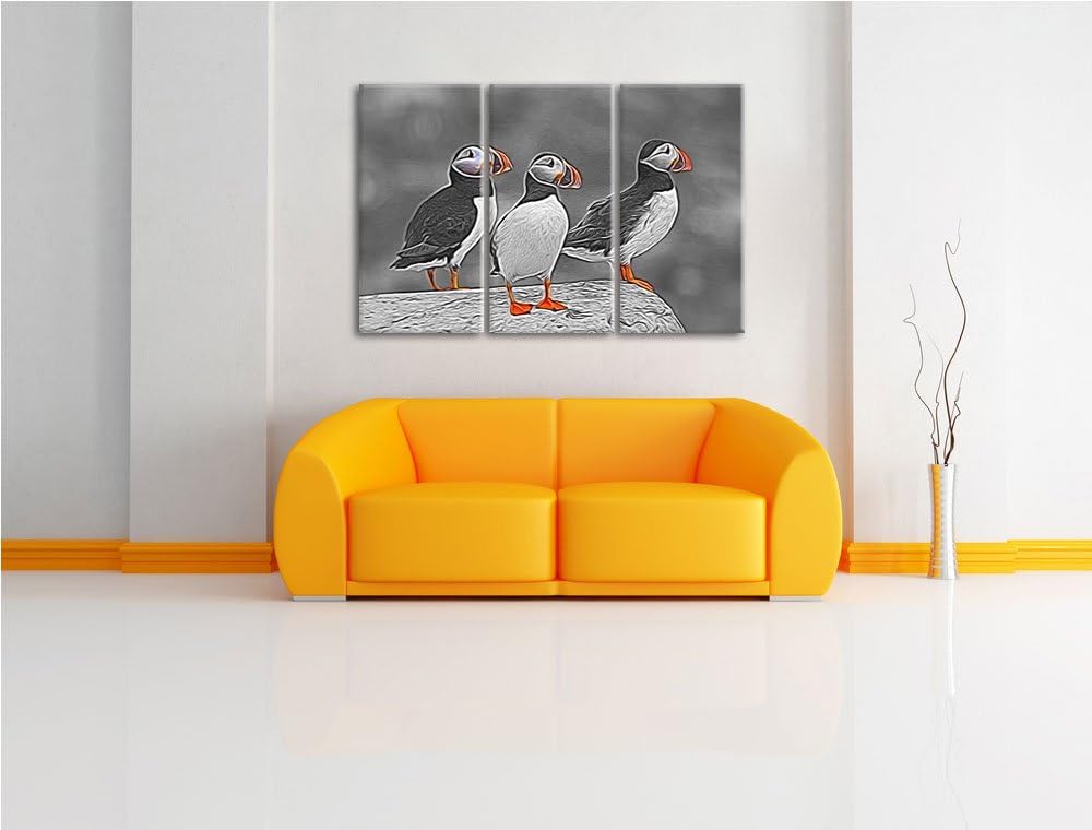 elegante Papageitaucher auf Felsen schwarz/weiss Spezial 3-Teiler Leinwandbild 120x80 Bild auf Leinw