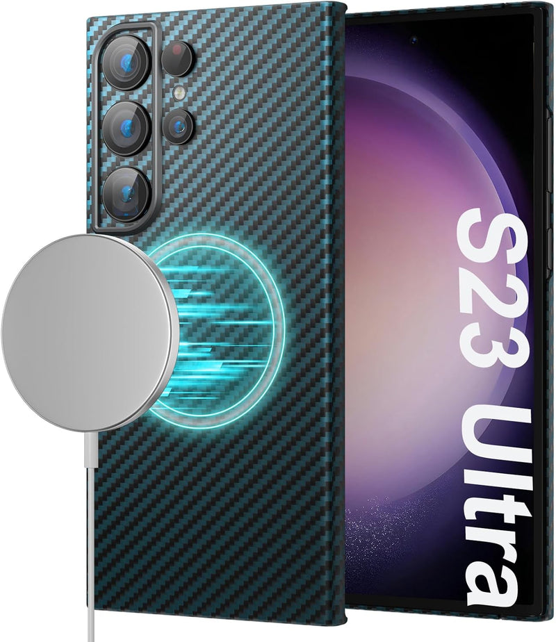 memumi Magnetische Carbon Hülle für Galaxy S23 Ultra,Ultradünne Handyhülle, Hülle aus echter Aramidf