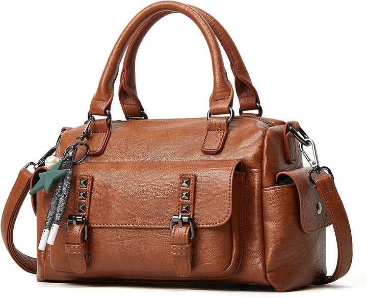 PORRASSO Retro Handtasche Damen Umhängetaschen Frauen Schultertaschen mit Anhänger Wasserdicht PU-Le