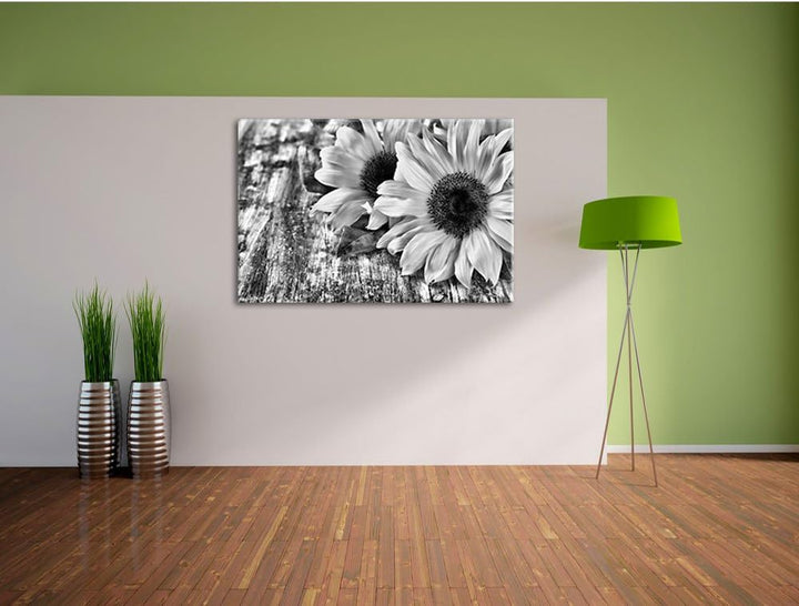 Pixxprint Sonnenblumen auf Holztisch als Leinwandbild/Grösse: 100x70 / Wandbild/Kunstdruck/fertig be