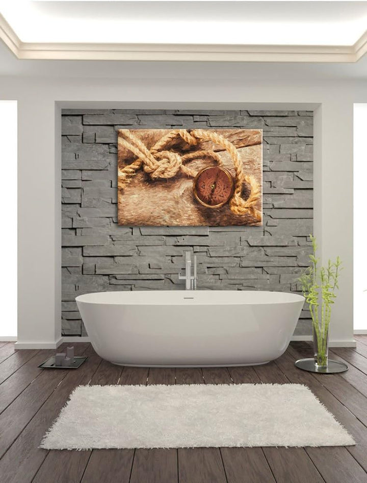 Pixxprint Schiffseil und Kompass auf Holzuntergrund Kunst Pinsel Effekt, Format: 100x70 auf Leinwand