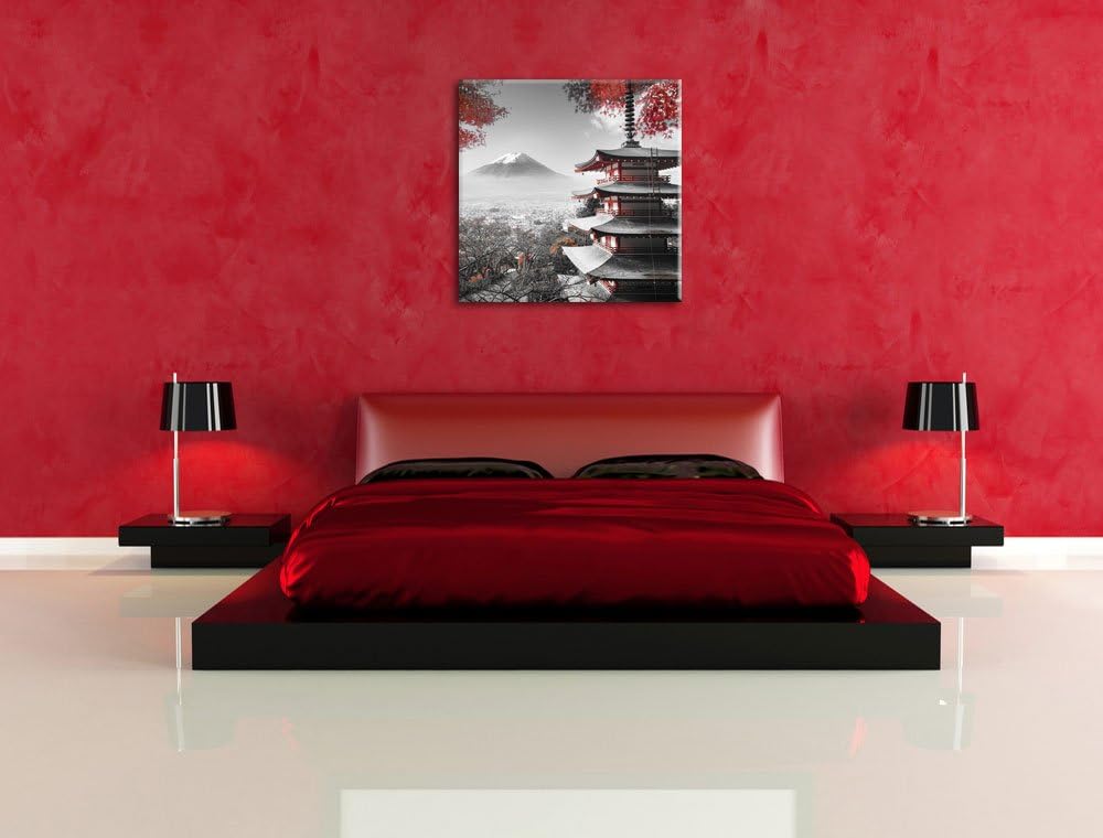 Pixxprint Japanischer Tempel im Herbst Schwarz/Weiss, Format: 70x70 auf Leinwand, 70x70